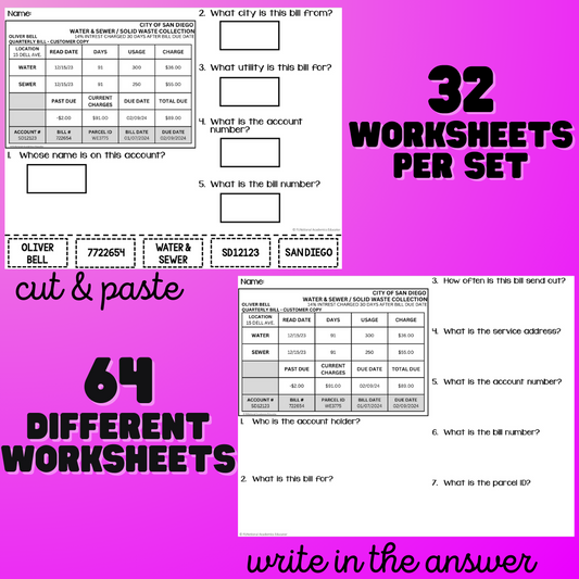 Paying Utility Bills/ Utility Bill Comprehension - Unit 2 - Life Skills