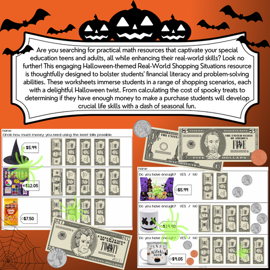 Halloween Shopping Task Cards/ Worksheets  - Money Math - Special Education