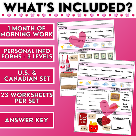 February Morning Work - Valentine's Day Life Skills - Special Ed Worksheets