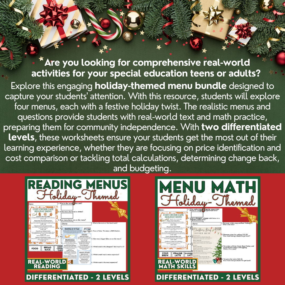 Holiday Menus BUNDLE - Reading Menus & Menu Math - Life Skills - Christmas