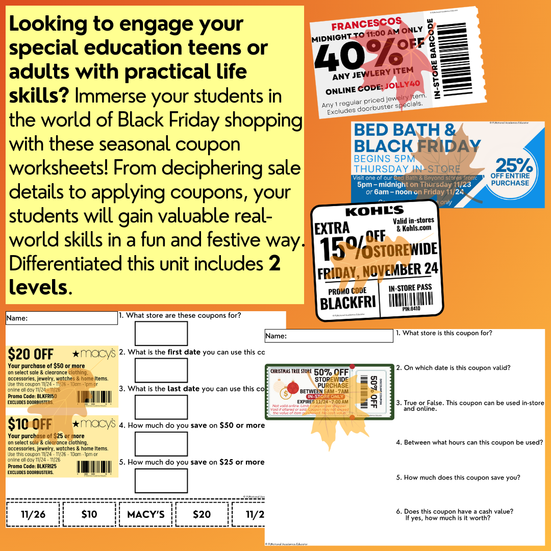 Black Friday Coupons Unit 1 - Worksheets - Life Skills