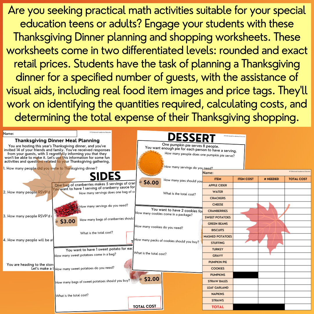 Thanksgiving Dinner Planning & Shopping - Life Skills - Math Skills