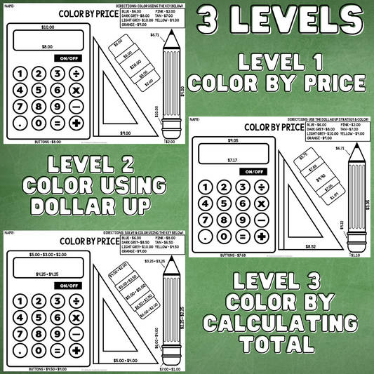 Back to School Coloring Pages - Color by Price - Dollar Up - Calculate Total