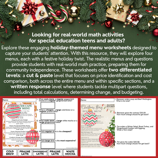 Holiday Menu Math - Calculating Total Cost & Change Back - Christmas