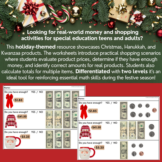 Holiday Shopping Task Cards/ Worksheets  - Money Math - Special Education