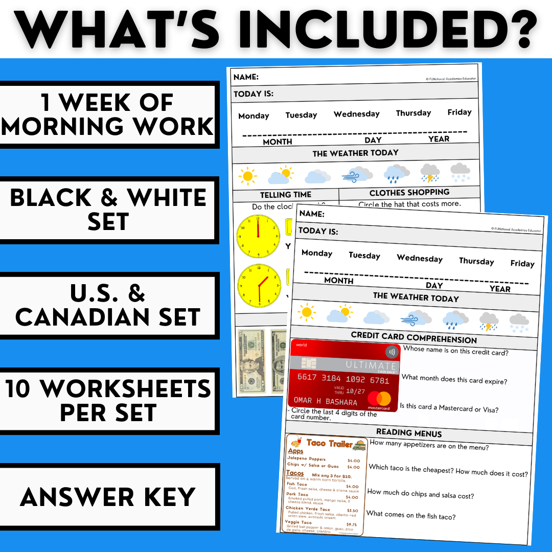 FREEBIE Morning Work - 1 Week of Life Skills Worksheets - Special Education