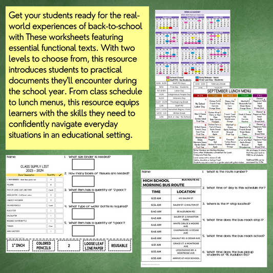 Back to School Functional Text - Real-World Reading - Life Skills