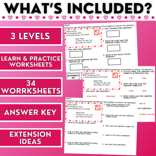 Addressing & Reading Envelopes - Valentine's Day Worksheets - Life Skills