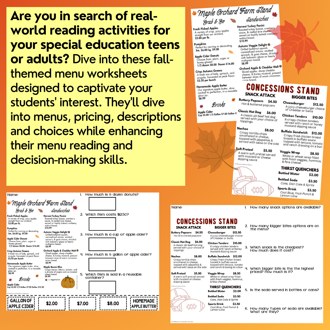 Reading Fall Menus Unit 1 - Functional Reading