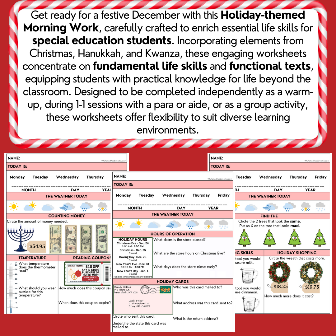 December Life Skills Morning Work - Holiday-Themed - Special Education