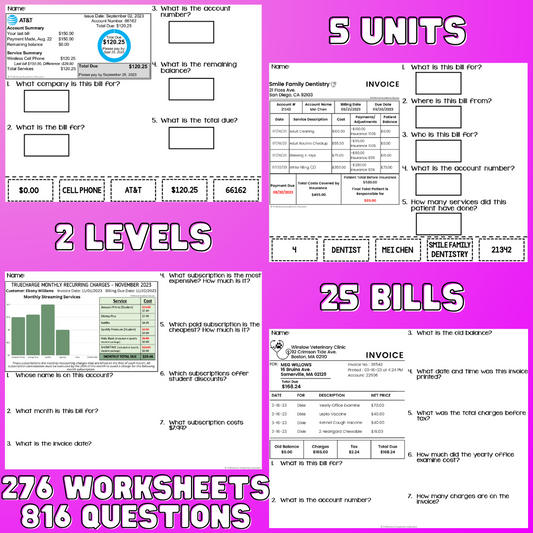 Paying Bills / Bill Comprehension BUNDLE - Reading Bills - Life Skills