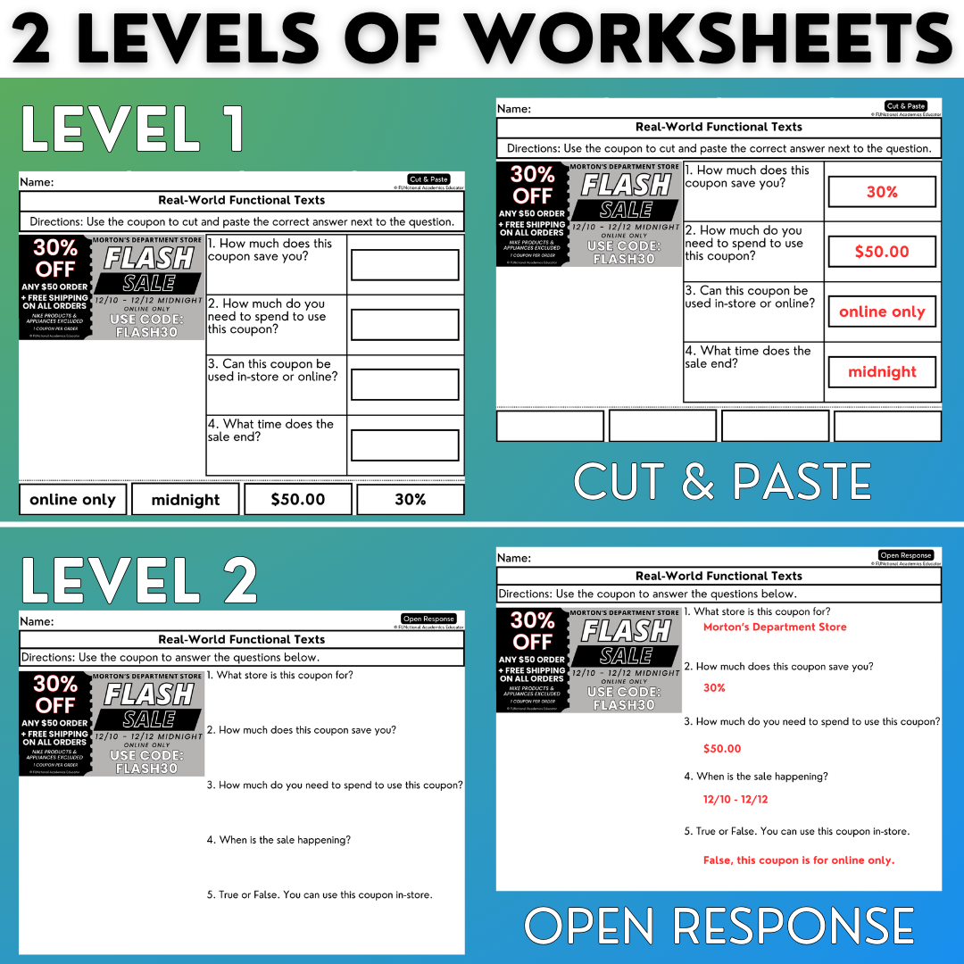 Real-World Functional Texts & Documents 5 - Reading & Comprehension Worksheets