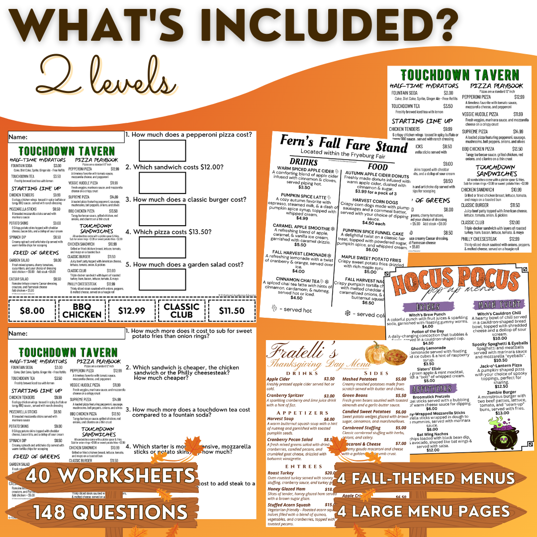 Fall Menu Math Unit 2 - Calculating Total Cost & Change Back - Life Skills