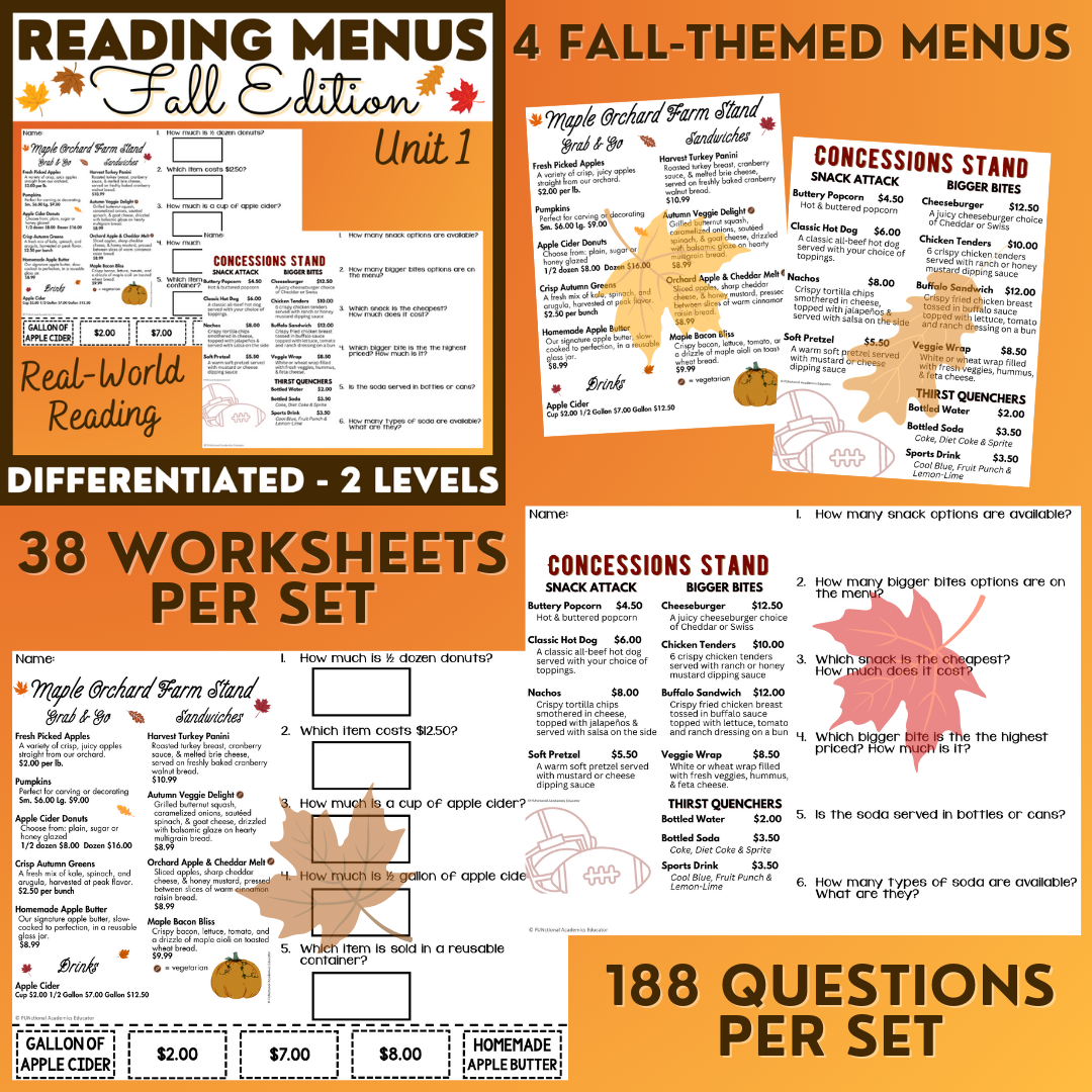 Fall Menus BUNDLE 1 - Reading Menus & Menu Math - Life Skills