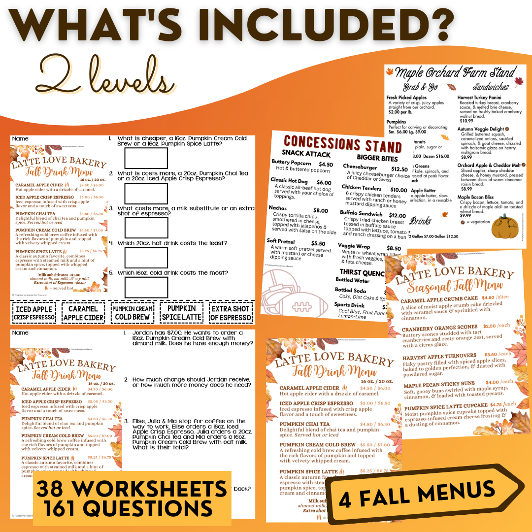 Fall Menu Math Unit 1 - Calculating Total & Change Back - Life Skills