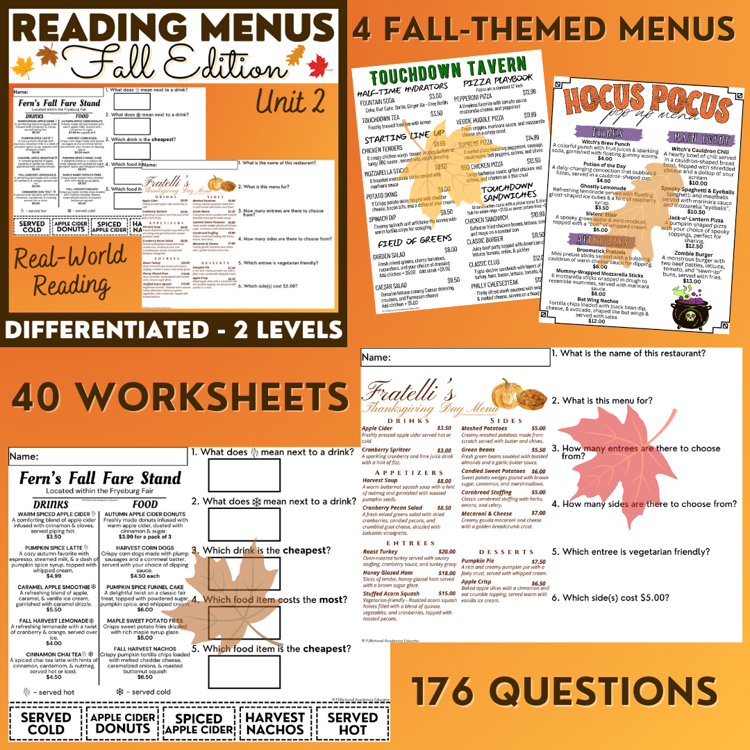 Fall Menus BUNDLE 2 - Reading Menus & Menu Math - Life Skills ...