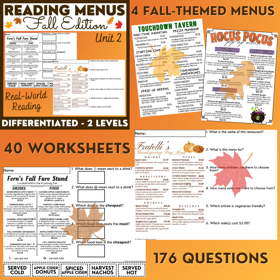 Fall Menus BUNDLE 2 - Reading Menus & Menu Math - Life Skills