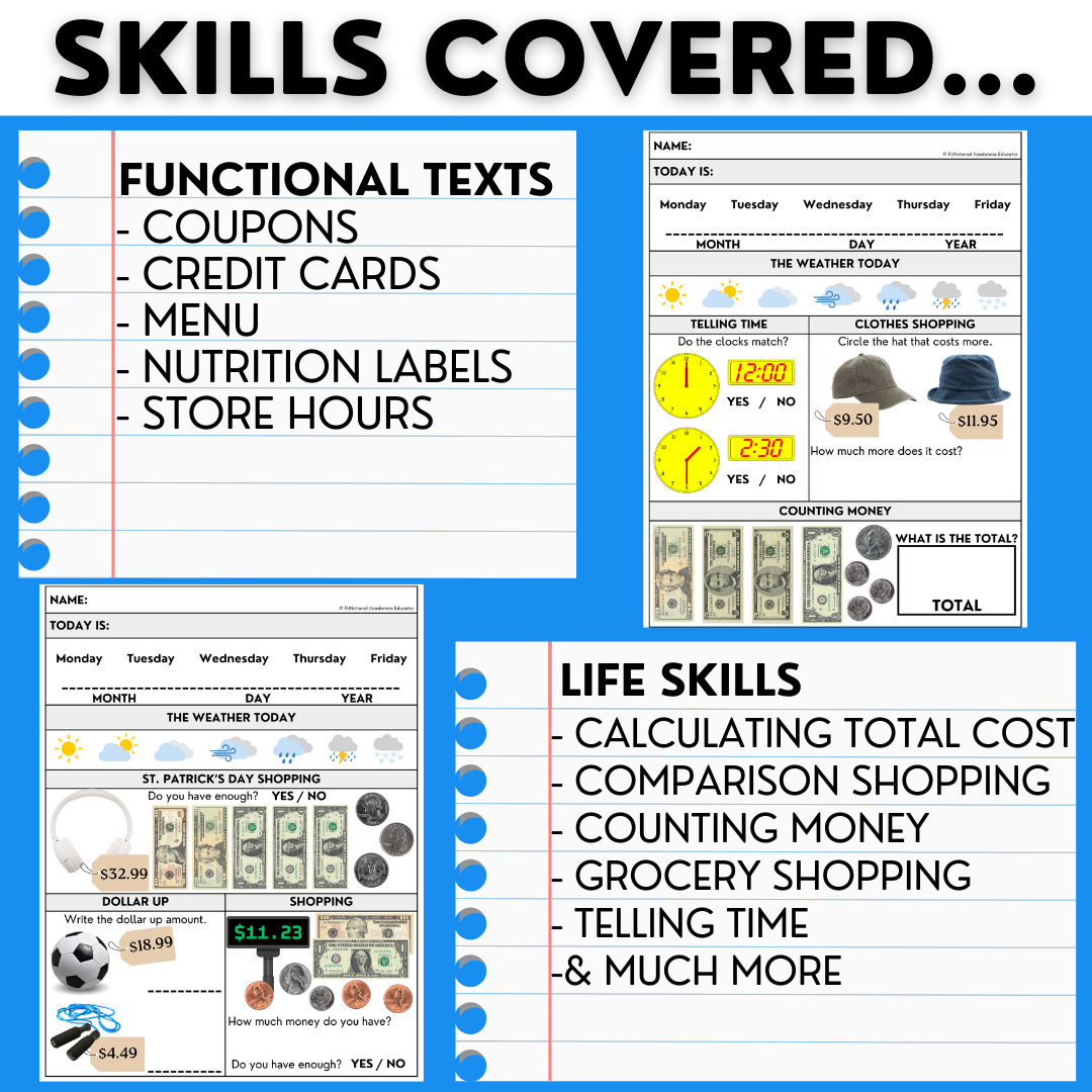 FREEBIE Morning Work - 1 Week of Life Skills Worksheets - Special Education