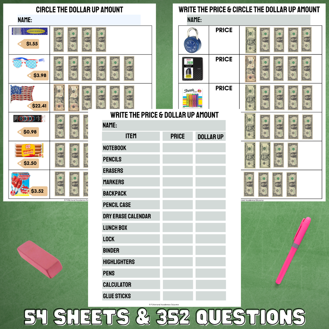 Dollar Up Shopping Worksheets - Back to School Store - Life Skills