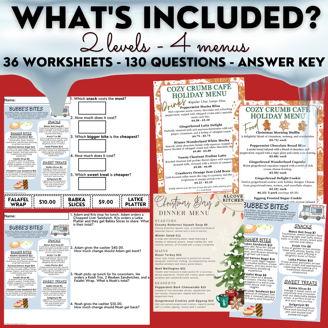 Holiday Menu Math - Calculating Total Cost & Change Back - Christmas