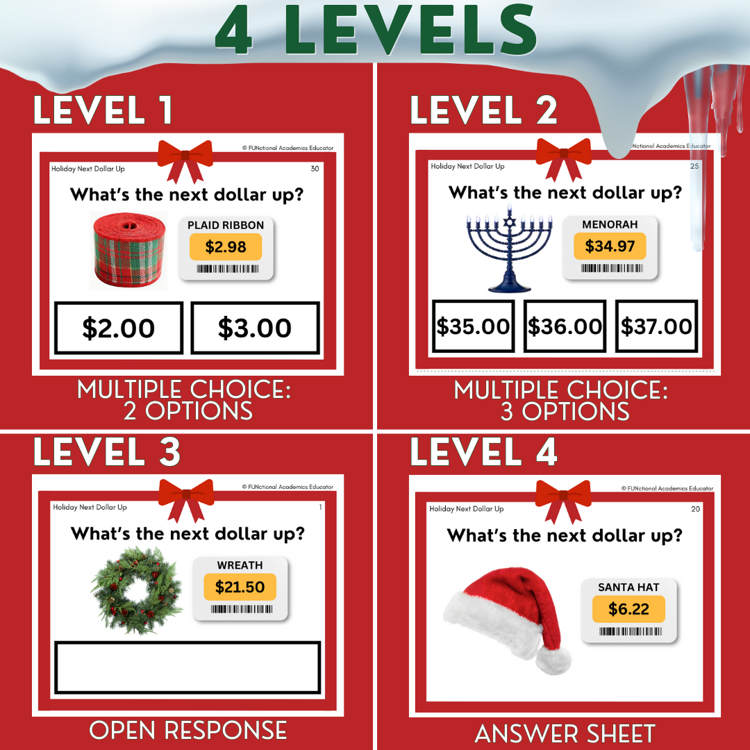 Holiday Dollar Up Task Cards - Christmas - REAL PHOTOS - Rounding - Life Skills