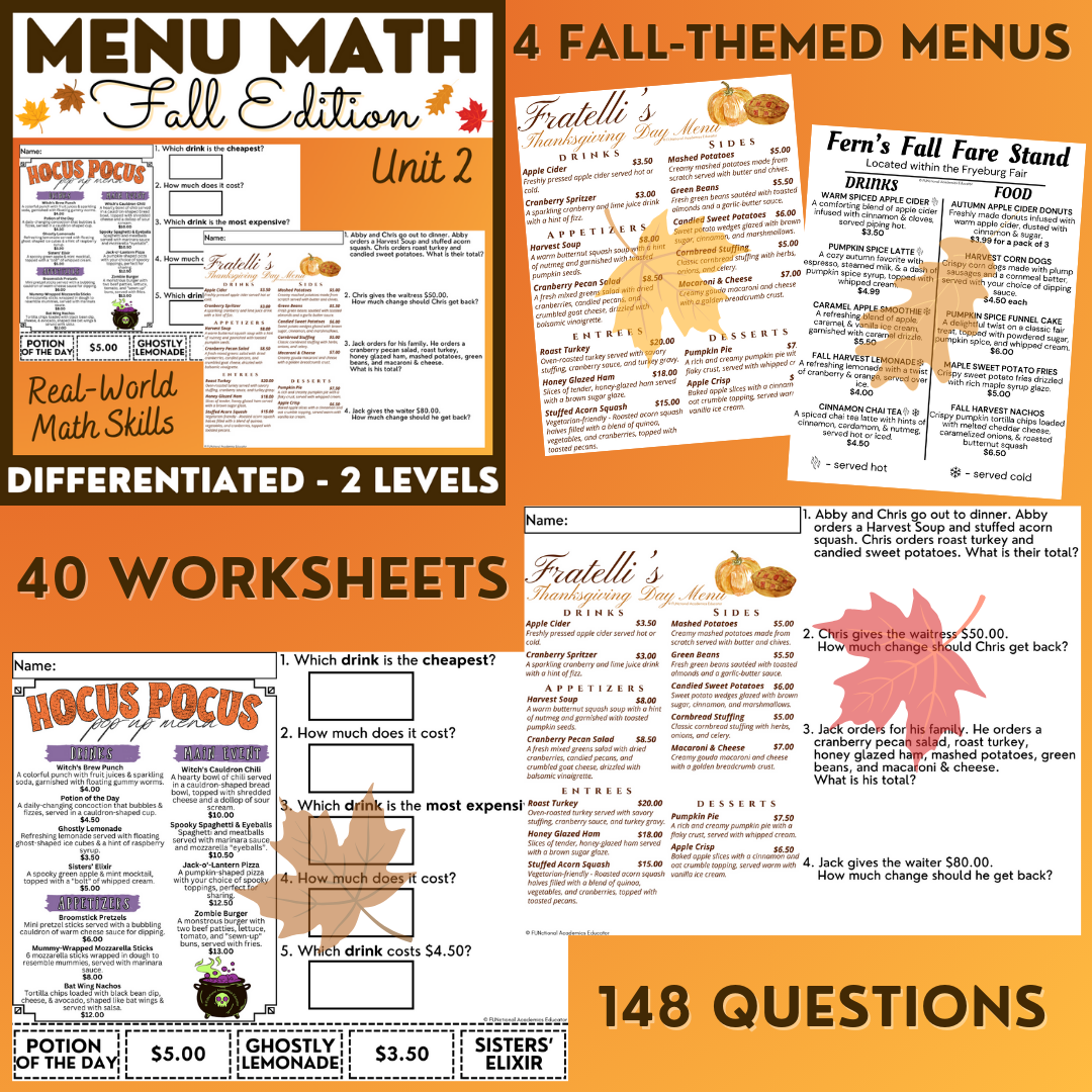 Fall Menus BUNDLE 2 - Reading Menus & Menu Math - Life Skills