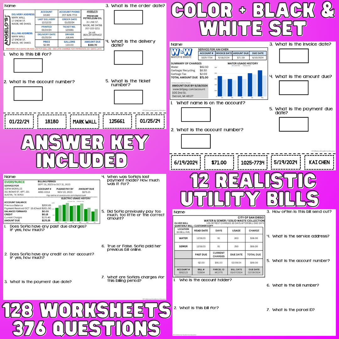 Paying Utility Bills/ Utility Bill Comprehension - BUNDLE - Life Skills BUNDLE