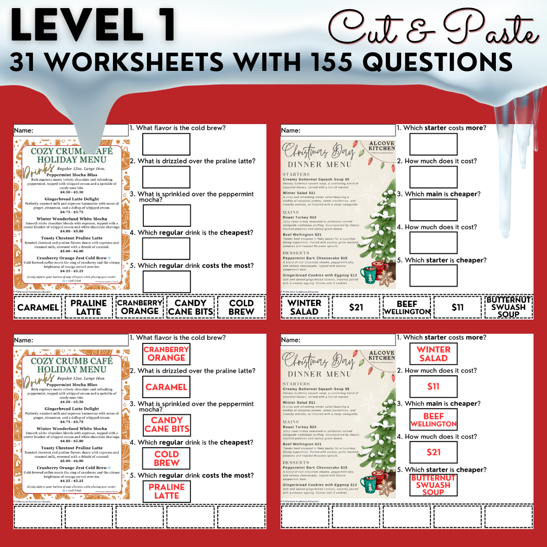 Holiday Menus BUNDLE - Reading Menus & Menu Math - Life Skills - Christmas