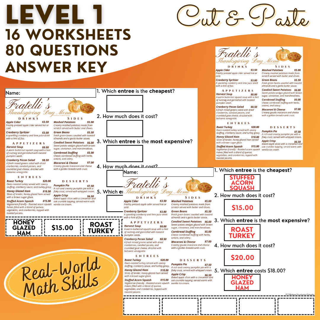 Fall Menu Math Unit 2 - Calculating Total Cost & Change Back - Life Skills