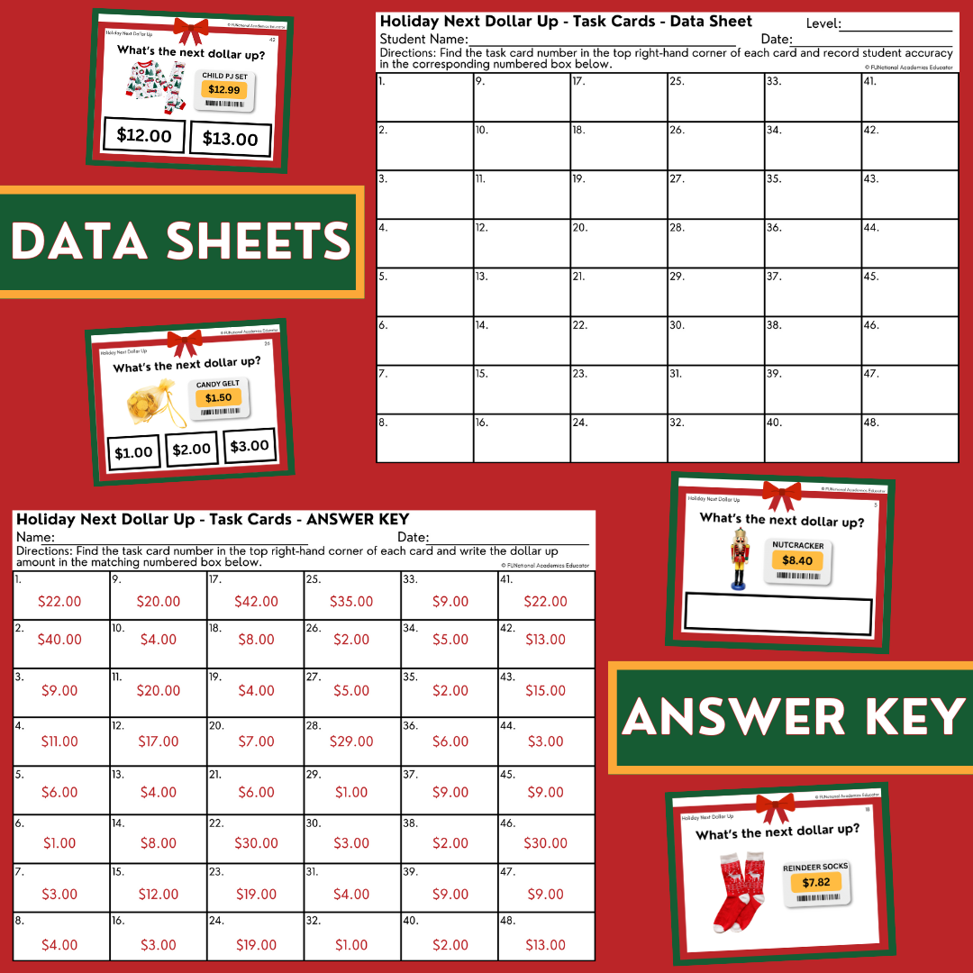 Holiday Dollar Up Task Cards - Christmas - REAL PHOTOS - Rounding - Life Skills