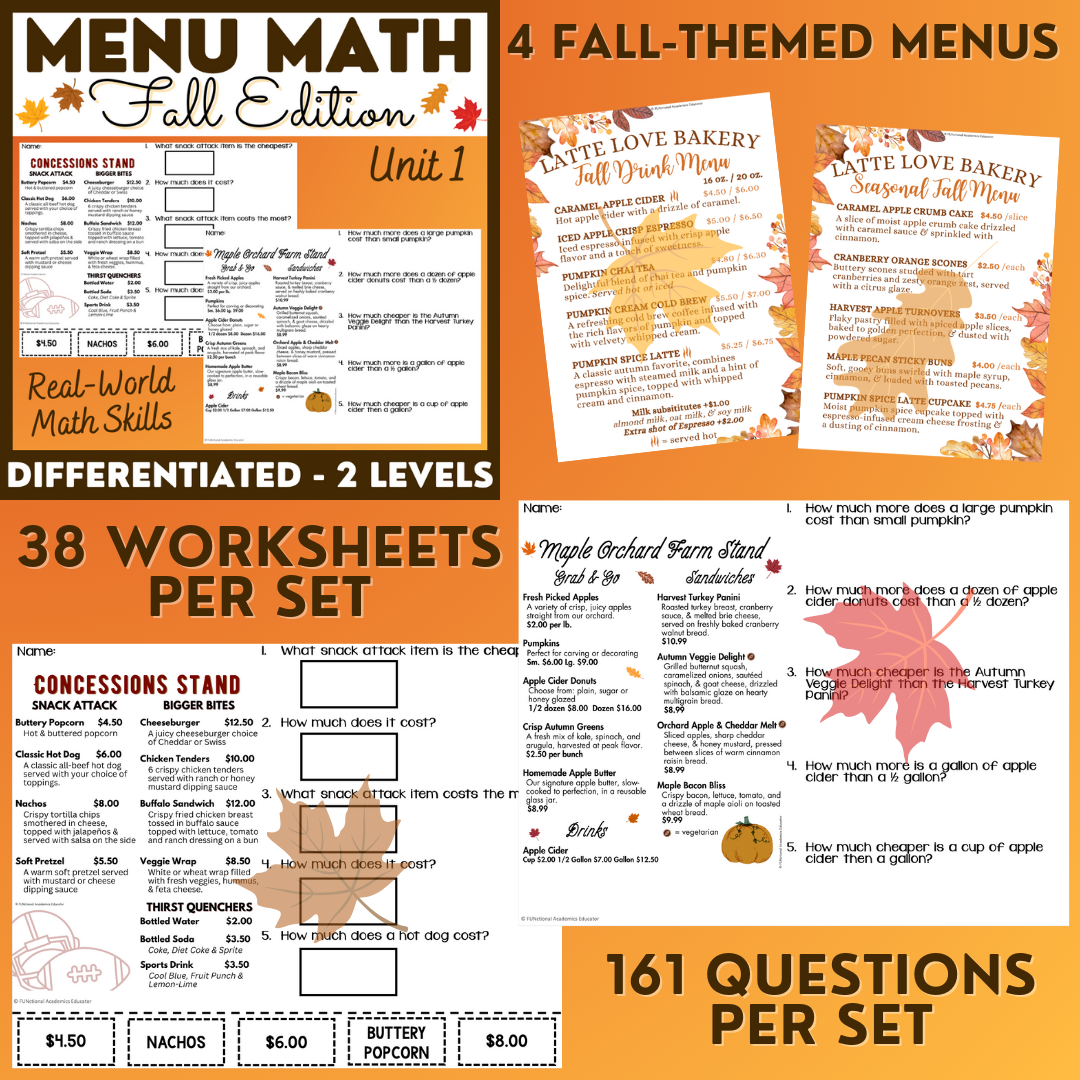 Fall Menus BUNDLE 1 - Reading Menus & Menu Math - Life Skills