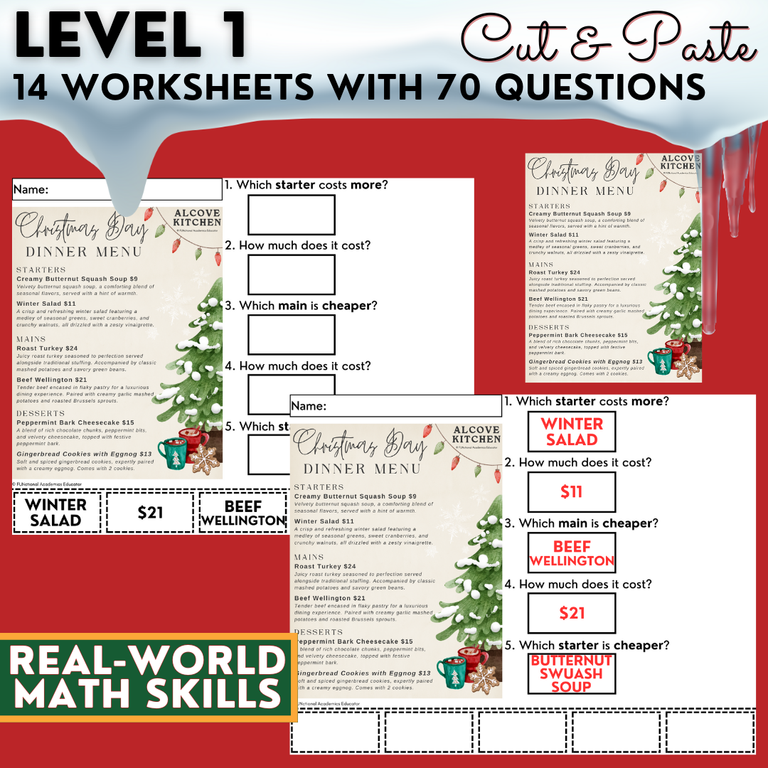 Holiday Menu Math - Calculating Total Cost & Change Back - Christmas