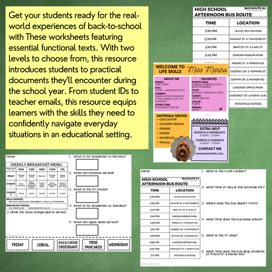 Back to School Functional Text Unit 2 - Real-World Reading - Life Skills