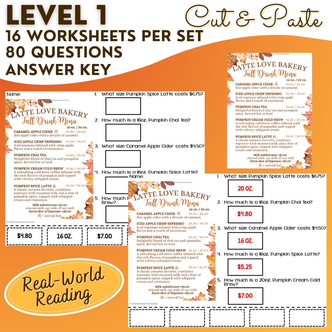 Reading Fall Menus Unit 1 - Functional Reading