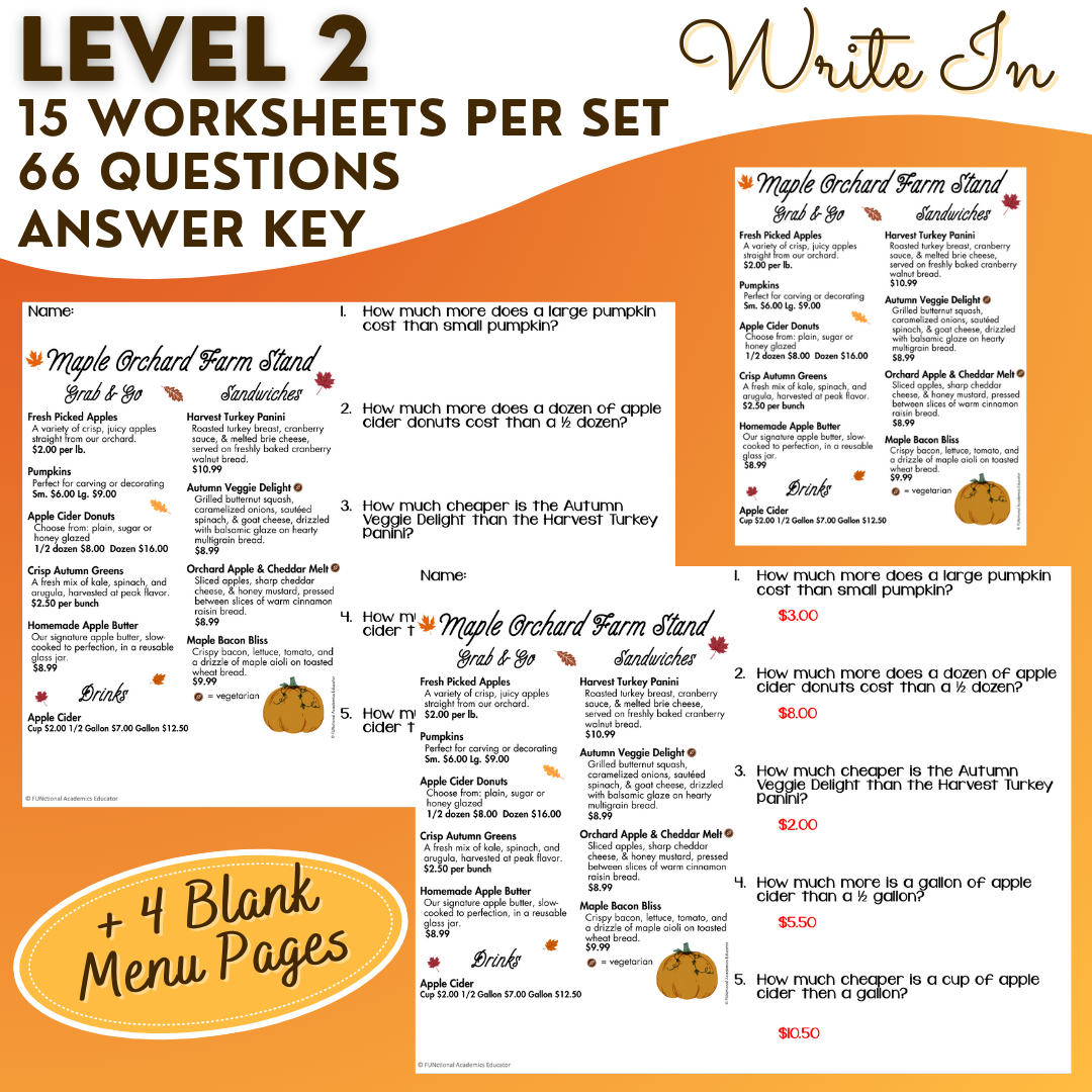 Fall Menu Math Unit 1 - Calculating Total & Change Back - Life Skills