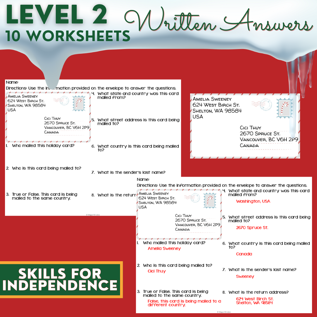 Envelope Reading Worksheets: Learn to Address Holiday & Christmas Cards