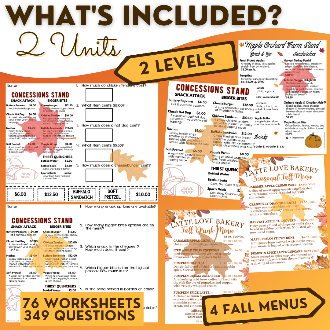 Fall Menus BUNDLE 1 - Reading Menus & Menu Math - Life Skills