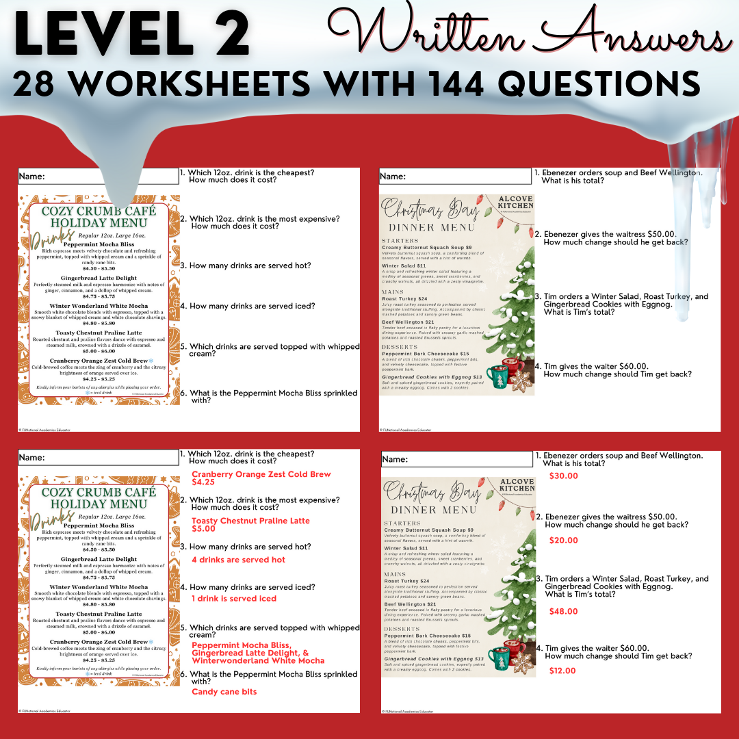 Holiday Menus BUNDLE - Reading Menus & Menu Math - Life Skills - Christmas