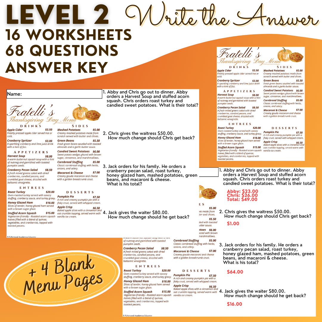 Fall Menu Math Unit 2 - Calculating Total Cost & Change Back - Life Skills