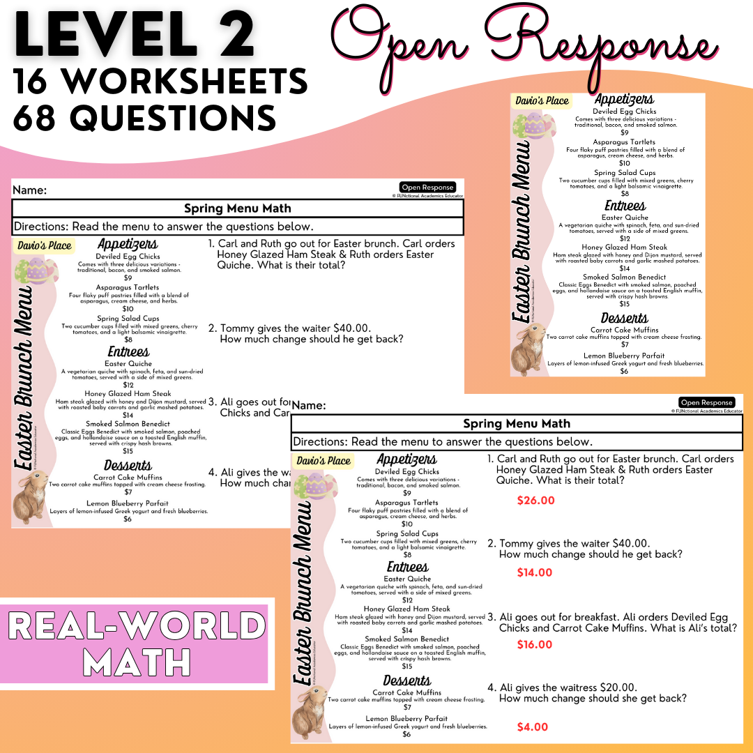 Fun Spring Math Menu Worksheet Menu Math Spring -Themed Worksheets - Total Cost & Change Back - Real ...