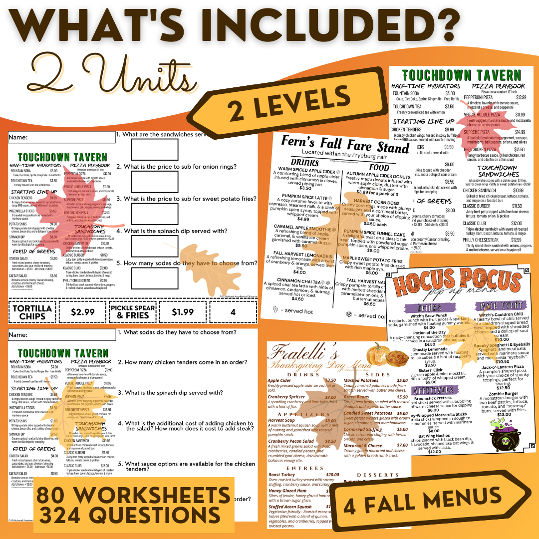 Fall Menus BUNDLE 2 - Reading Menus & Menu Math - Life Skills