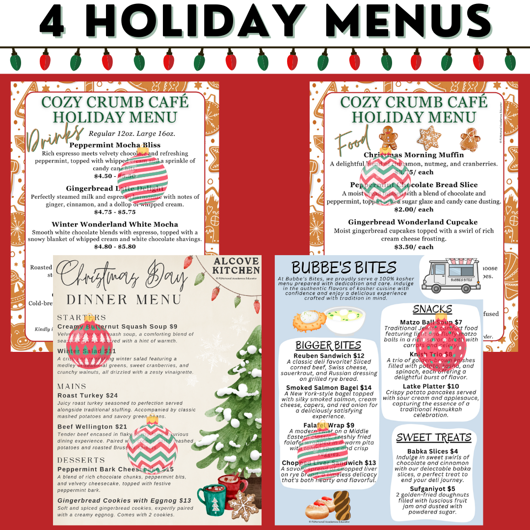 Holiday Menus BUNDLE - Reading Menus & Menu Math - Life Skills - Christmas