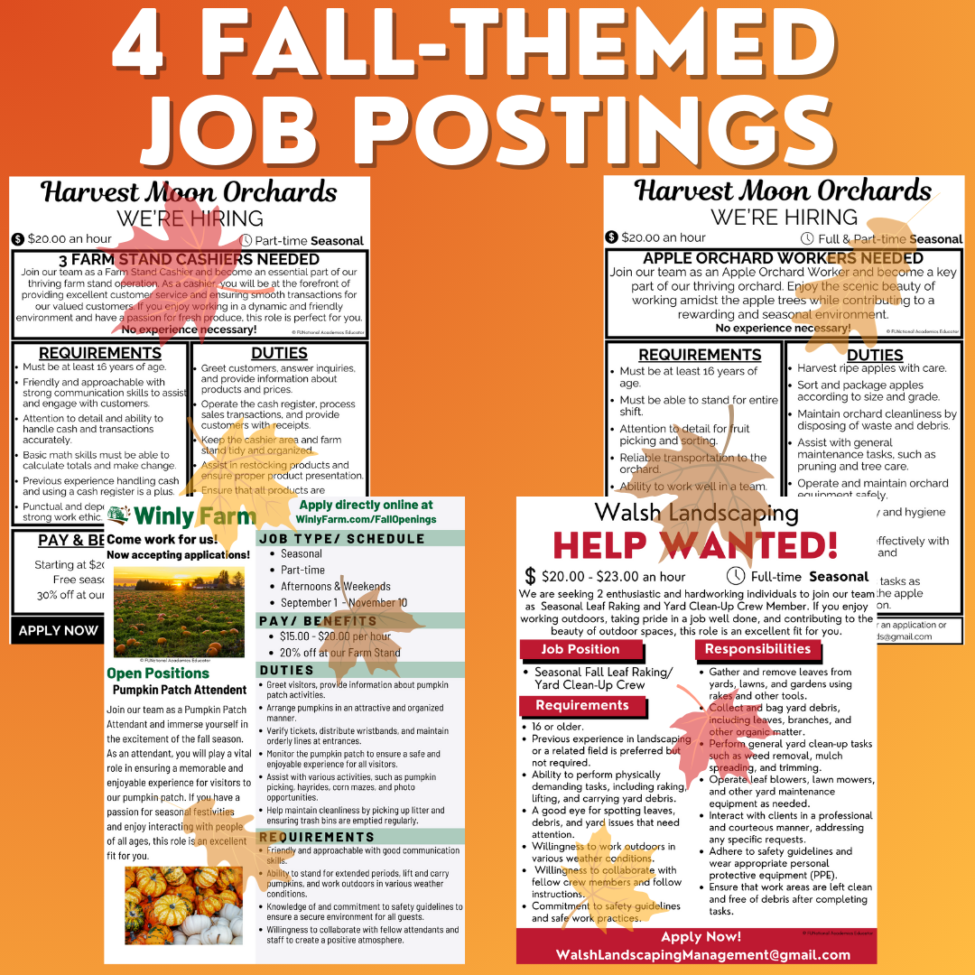 Fall-Themed Job Postings Unit 1 - Functional Reading - Vocational