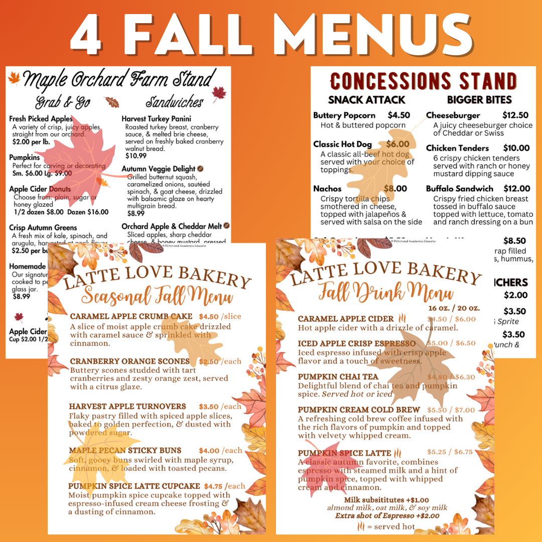 Fall Menu Math Unit 1 - Calculating Total & Change Back - Life Skills