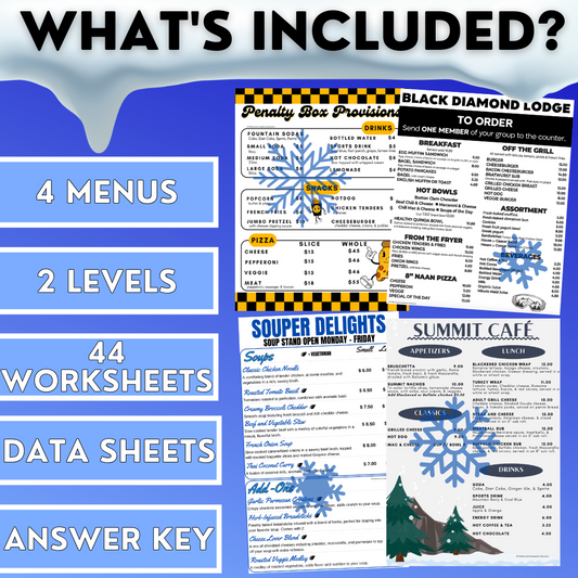 Menu Math Winter-Themed Worksheets - Total Cost & Change Back - Real-World Math