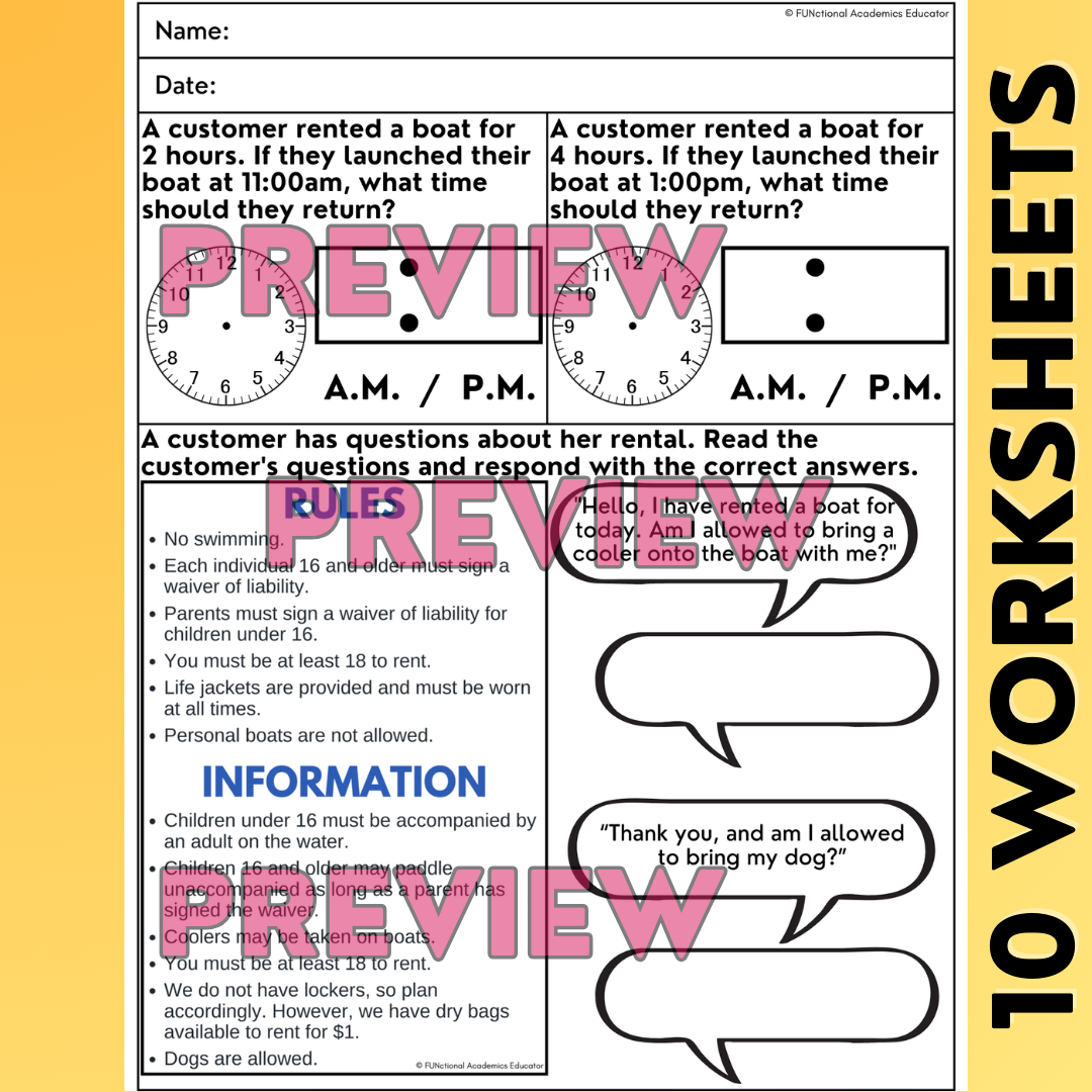 Boat Rental Stand - Voc Skills Worksheets - Workplace Readiness - Job Skills