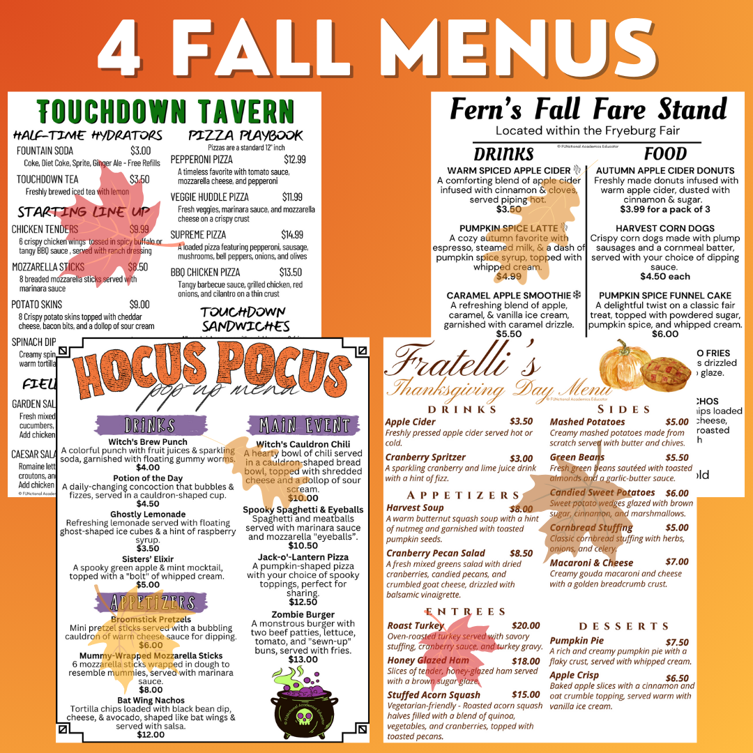 Fall Menu Math Unit 2 - Calculating Total Cost & Change Back - Life Skills