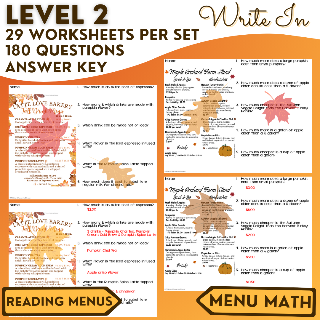 Fall Menus BUNDLE 1 - Reading Menus & Menu Math - Life Skills