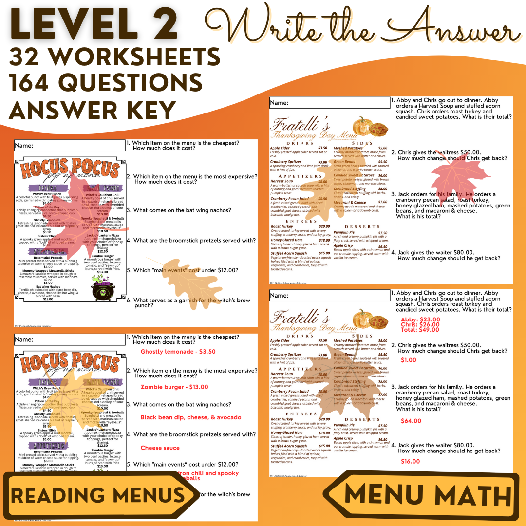 Fall Menus BUNDLE 2 - Reading Menus & Menu Math - Life Skills