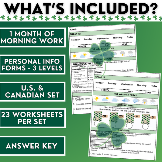 March Morning Work - St. Patrick's Day Life Skills - Special Education Worksheets